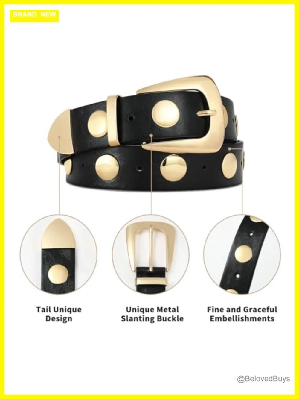 Women's Faux Leather Belt with Gold Buckle Studded Punk Waist Belt Medium